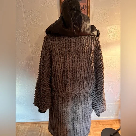 Save The Queen Brown Teddy Jacket with Leather Trim and Hood - Picture 10 of 14